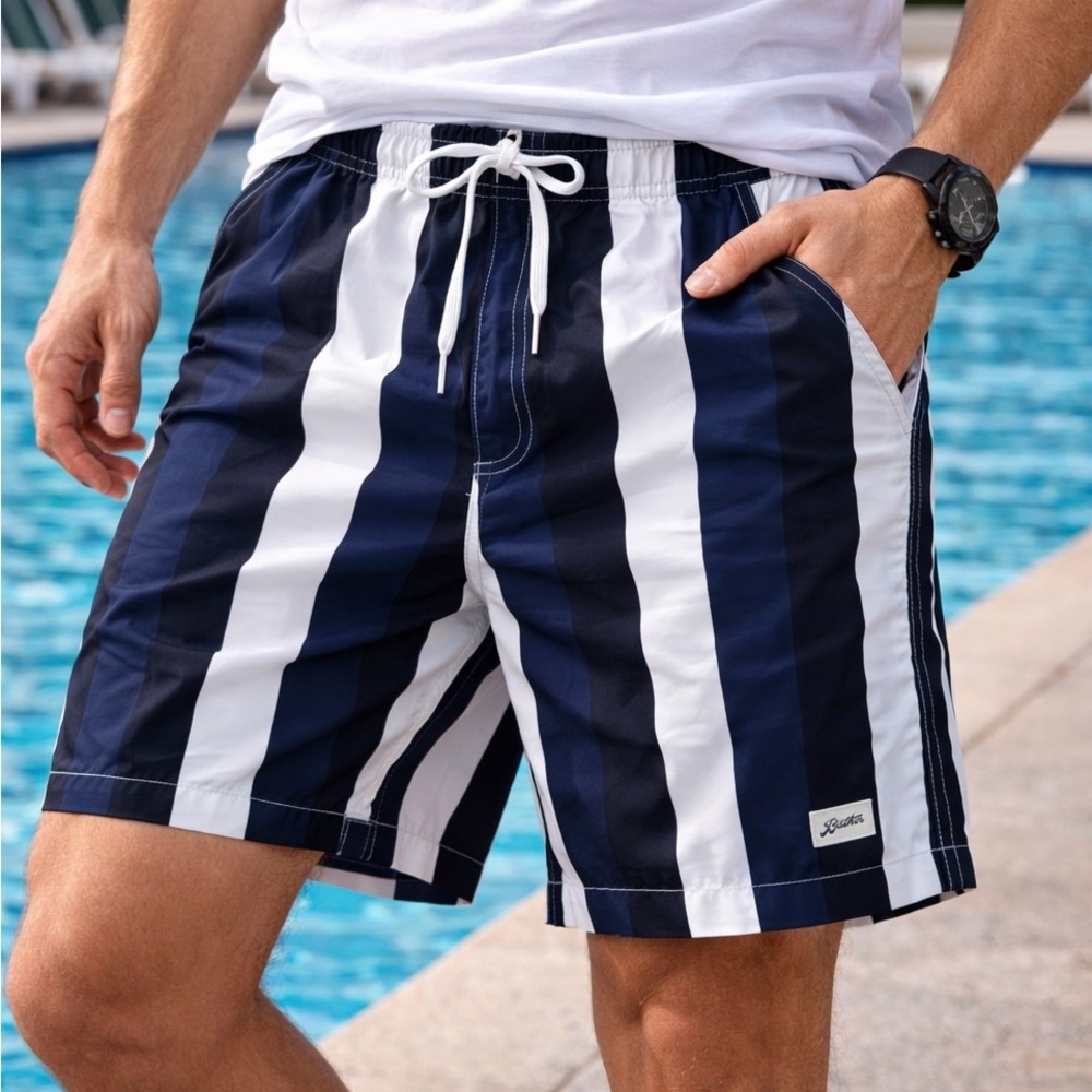 Bather Swim Trunks XL Navy White Stripe Classic Swim Shorts Mens XL/TG